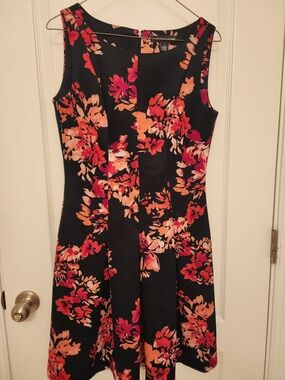 Floral Sleeveless Fit-and-Flare Dress in Navy with Coral Pink Print